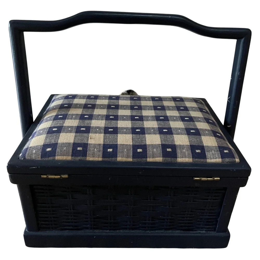 Vintage Navy Blue Wicker Sewing Basket Gingham Padded Lid Organizer Handle